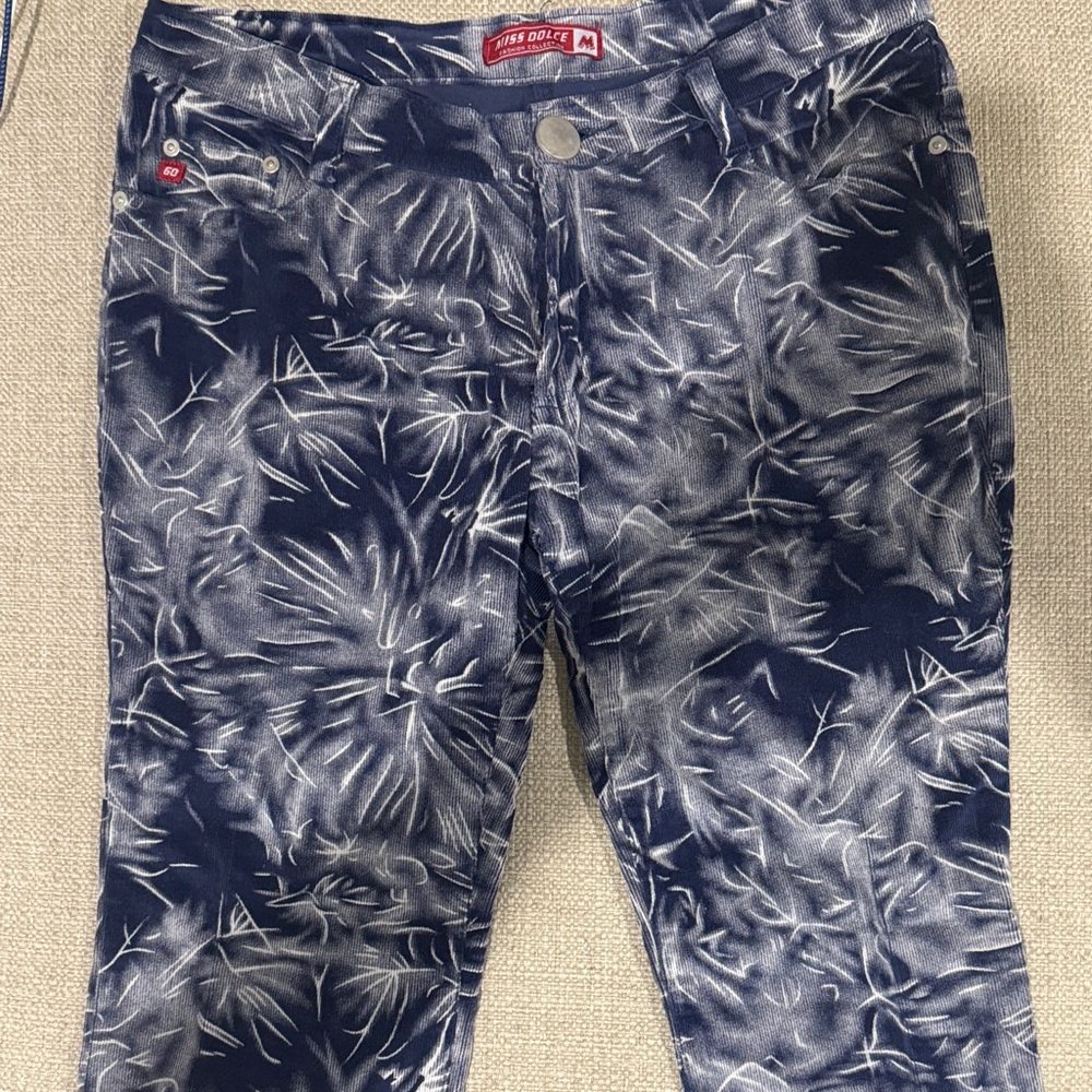 Blue and White patterned corduroy flare Y2K vintage MISS DOLCE brand pants.